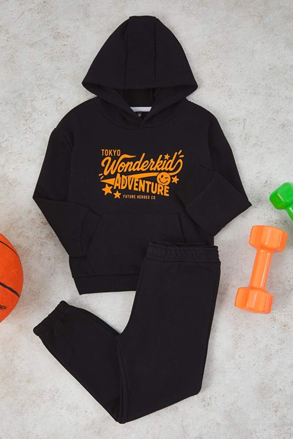 Trendyolmilla Kids Black Cotton Hooded Oversized Sweatshirt and Pants Set