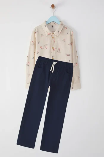 Trendyolmilla Kids Cream Cotton Animal Print Shirt and Pants Set