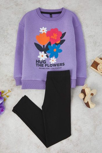 Trendyolmilla Kids Lilac Floral Oversized Knit Set for Girls