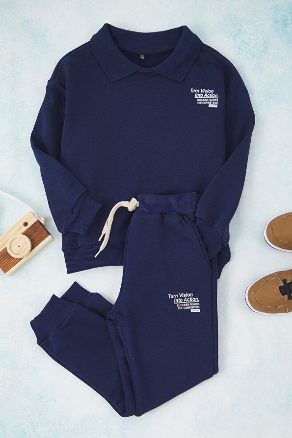 Trendyolmilla Kids Navy Blue Boys Cotton Slogan Printed Polo Neck Set