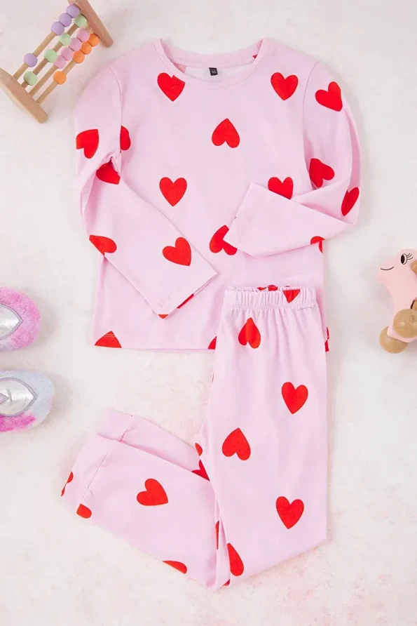 Trendyolmilla Kids Pink Girls Cotton Heart Print Pajama Set