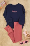 Trendyolmilla Kids Navy Blue Cotton Printed Oversized Knit Set for Girls