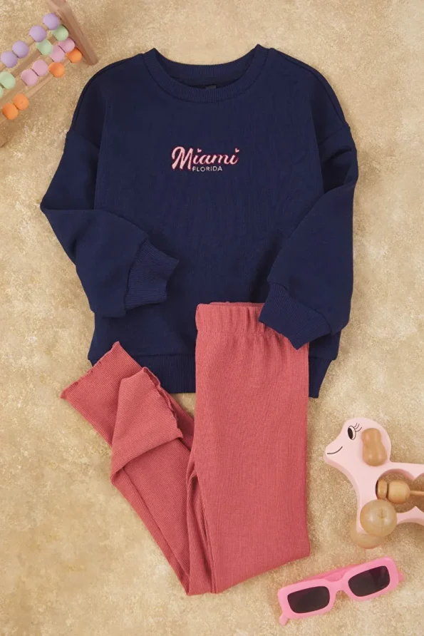Trendyolmilla Kids Navy Blue Cotton Printed Oversized Knit Set for Girls