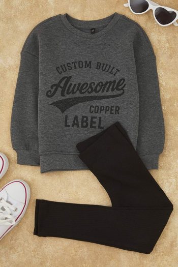 Trendyolmilla Kids Dark Gray Cotton Fleece Lined Slogan Print Girls' Knit Set