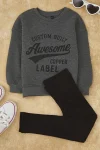 Trendyolmilla Kids Anthracite Cotton Slogan Printed Leggings-Sweatshirt Set