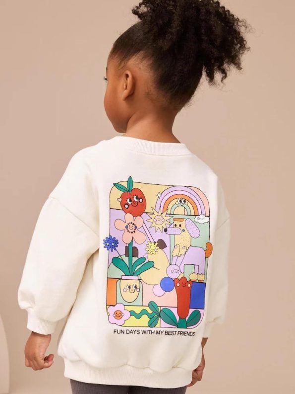 Girls' Cotton White Printed Sweatshirt and Leggings Set