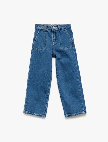 Girls' Cotton Pocket Detail Wide Leg Denim Pants