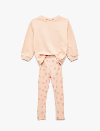 Cotton Long Sleeve Crew Neck Sweatshirt and Floral Leggings Set for Baby Girls