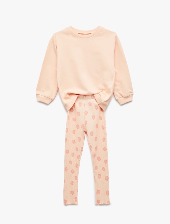 Cotton Long Sleeve Crew Neck Sweatshirt and Floral Leggings Set for Baby Girls