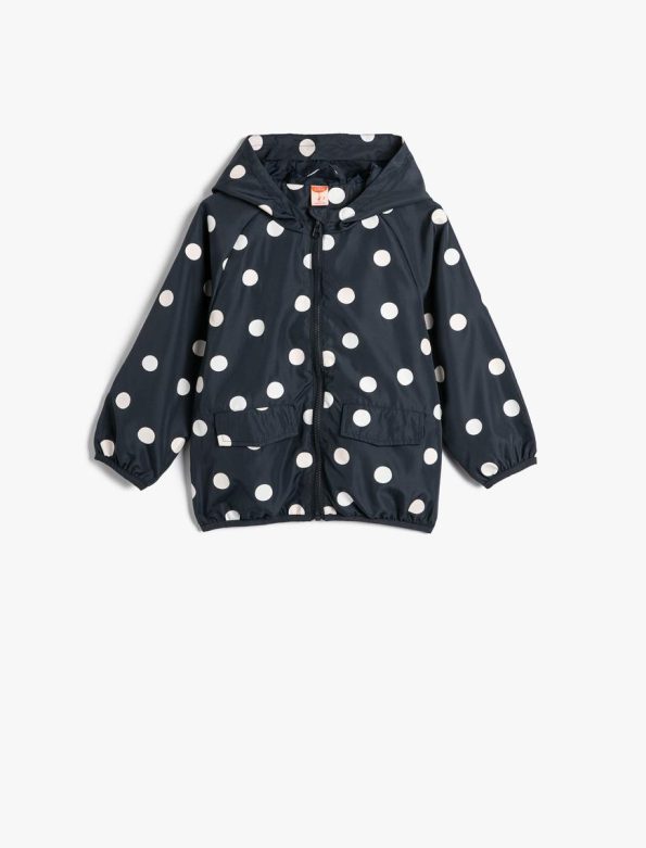 Girls' Hooded Polka Dot Jacket with Pocket Detail and Color-Changing Feature