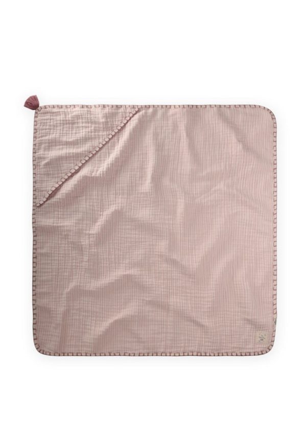 Çift Kat El İşi Müslin Üçgen Havlu (Yıkanmıştır) 75X75 cm Pembe İnce Çizgiliİ