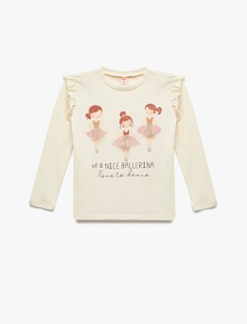 Girls' Long Sleeve Ballerina Print Cotton T-Shirt