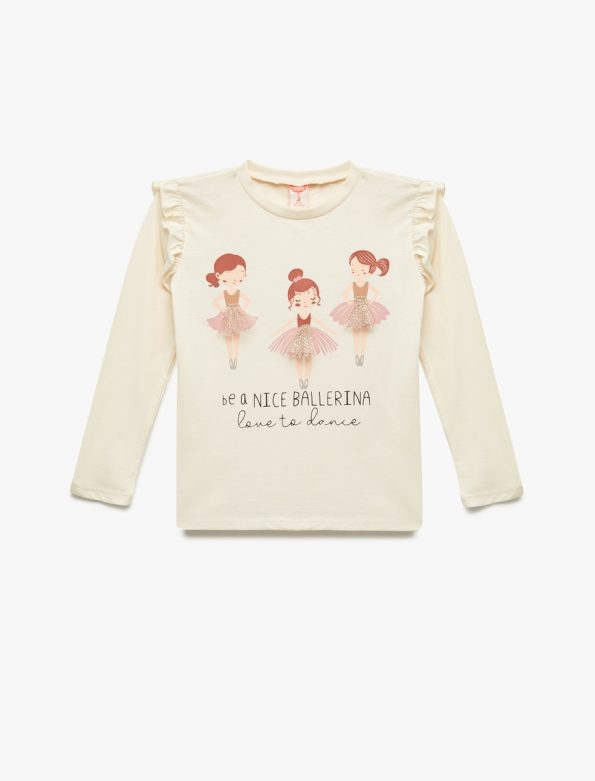 Girls' Long Sleeve Ballerina Print Cotton T-Shirt