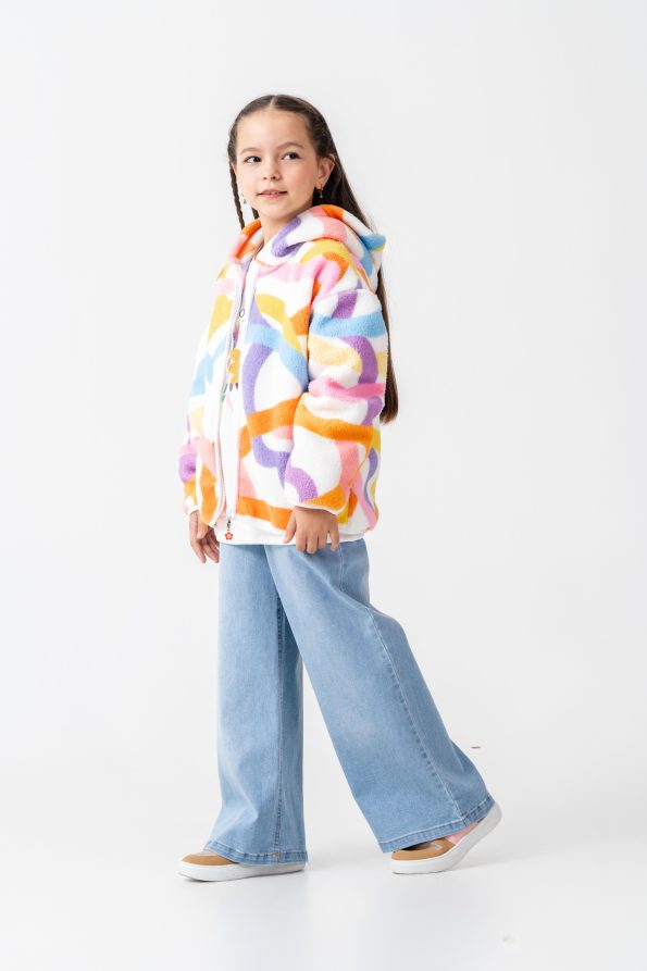 Girls' Colorful Patterned Cotton Hooded Fleece Jacket