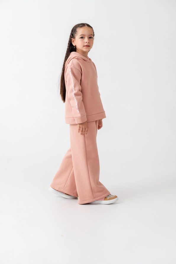 Girls' Cotton Powder Pink Hooded Sweatshirt and Wide Leg Tracksuit Set