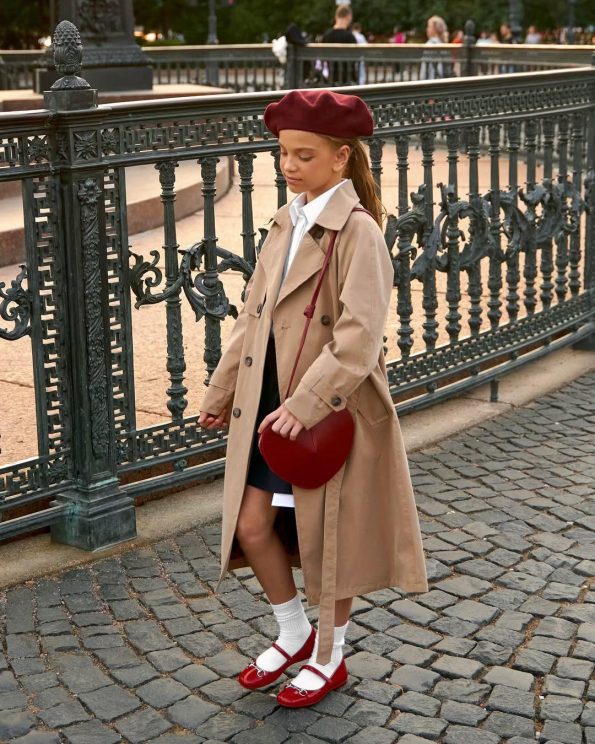 Girls' Cotton Beige Trench Coat with Belt and Pockets