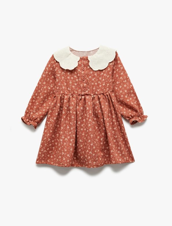 Girls' Long Sleeve Floral Baby Collar Dress