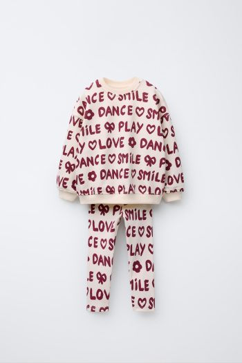 Girls' Cotton Cream Burgundy Printed Sweatshirt and Leggings Set - Love Smile Dance