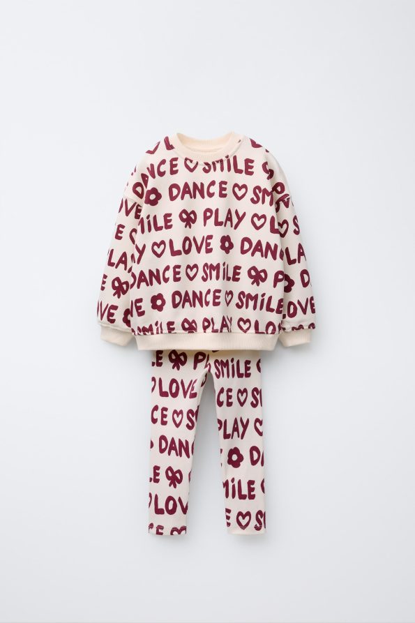 Girls' Cotton Cream Burgundy Printed Sweatshirt and Leggings Set - Love Smile Dance