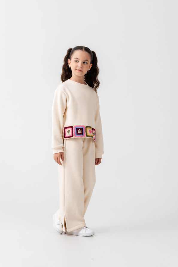 Girls' Cotton Ecru Sweatshirt and Wide-Leg Pants Set with Patch Details
