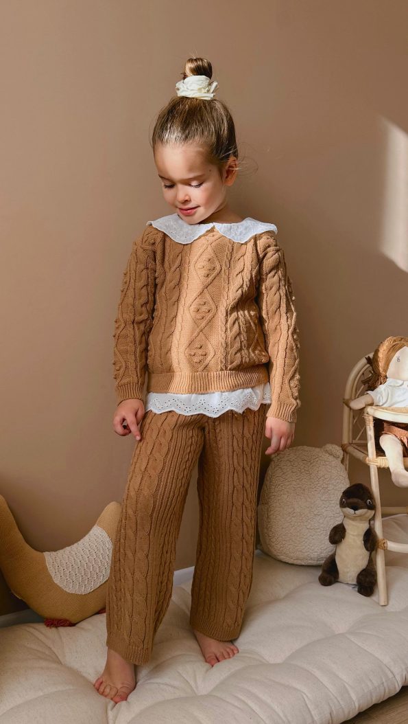 Striped Detail Knit Sweatshirt and Pants Set for Girls