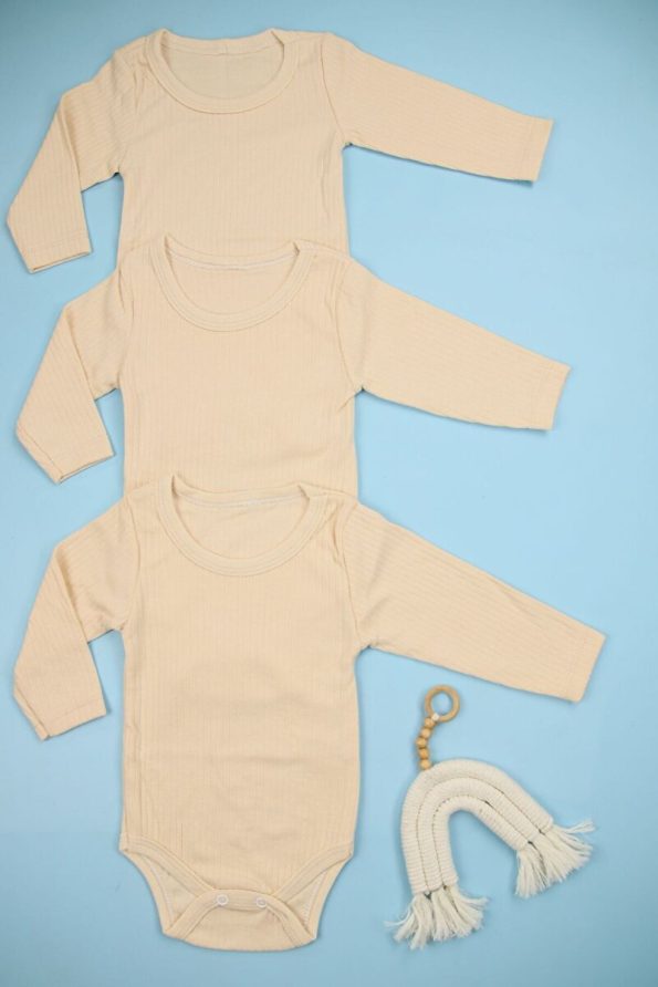 Lindakids 100% Cotton Long Sleeve Snap Closure Baby Bodysuit Set in Beige