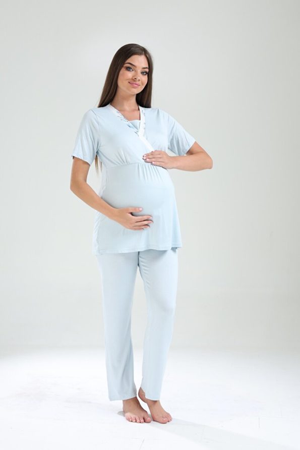 LOHOUSE Women's Blue Cross-Patterned Maternity Pajama Set