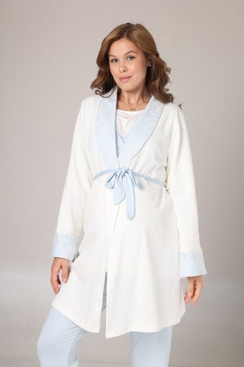 Pregnant World Women's Blue Jacquard Shawl Collar Winter Special Design Maternity Robe Pajama Set
