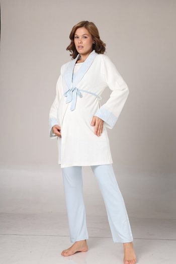 Pregnant World Women's Blue Jacquard Shawl Collar Winter Special Design Maternity Robe Pajama Set