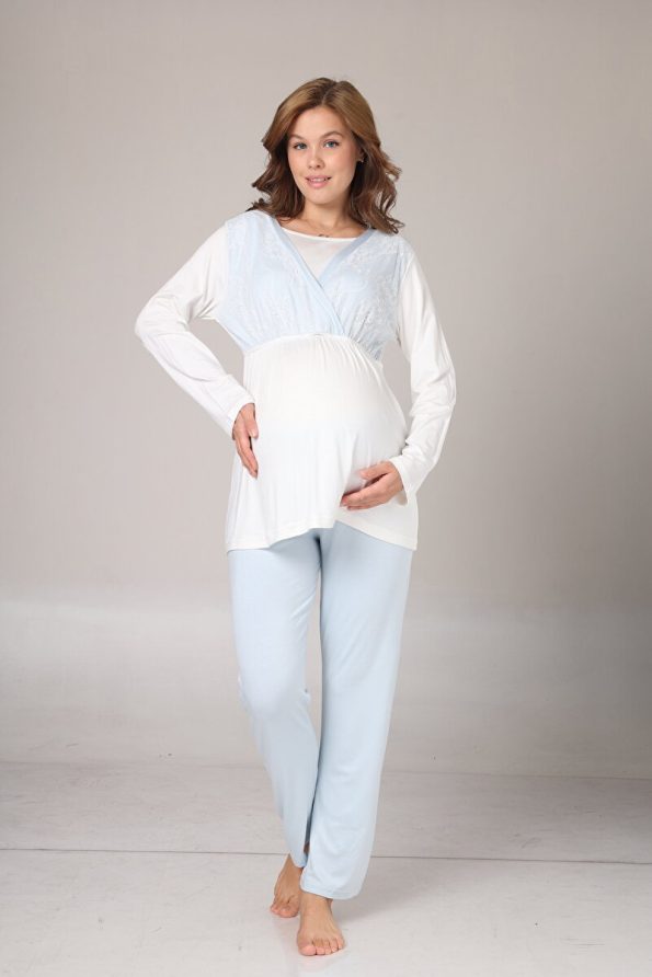 Pregnant World Women's Blue Jacquard Shawl Collar Winter Special Design Maternity Robe Pajama Set