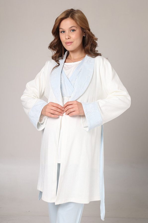 Pregnant World Women's Blue Jacquard Shawl Collar Winter Special Design Maternity Robe Pajama Set