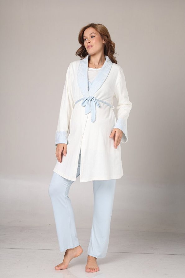 Pregnant World Women's Blue Jacquard Shawl Collar Winter Special Design Maternity Robe Pajama Set