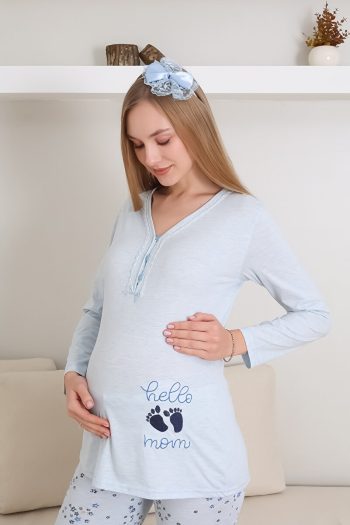 Maternity and Nursing Pajama Set with Buttons and Embroidery