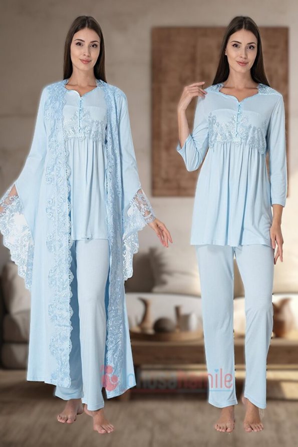 Pelin Women's Blue Lace Detail Maternity Pajama Set