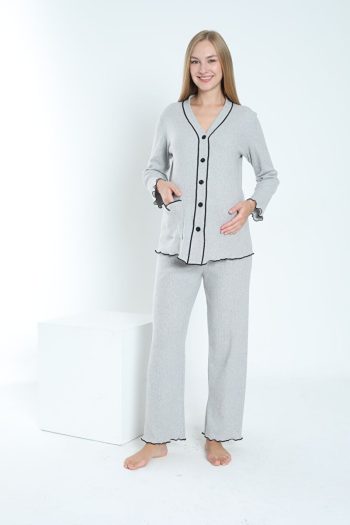 Miss World Lissa Front Button Adjustable Waist Ruffled Sleeve and Hem Maternity and Nursing Pajama Set