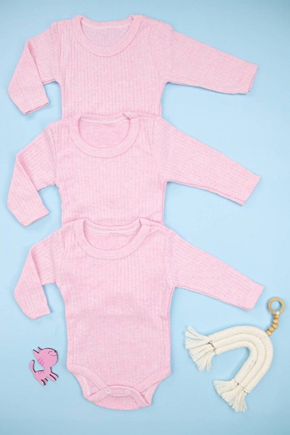 Lindakids Ribbed Cotton Long Sleeve Snapsuit Set for Babies - Pink