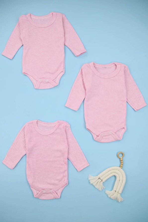 Lindakids Ribbed Cotton Long Sleeve Snapsuit Set for Babies - Pink