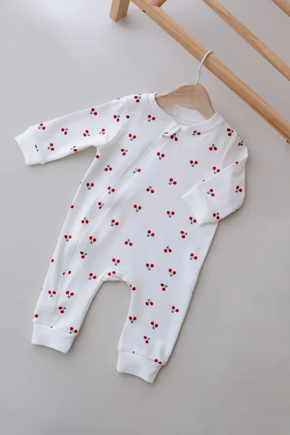 Lilabio Long Sleeve Zippered Baby Romper Cherry Pattern