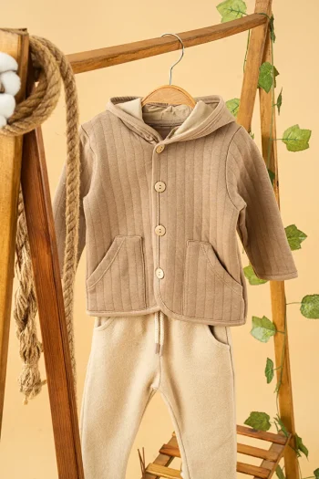 Stylish Brown Hooded Cotton Two-Piece Set for Babies and Kids
