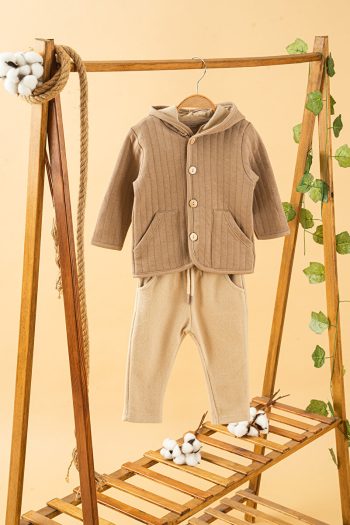 Stylish Brown Hooded Cotton Two-Piece Set for Babies and Kids