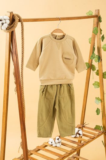 Trendy Baby and Kids Haki Sweatshirt and Pants Set