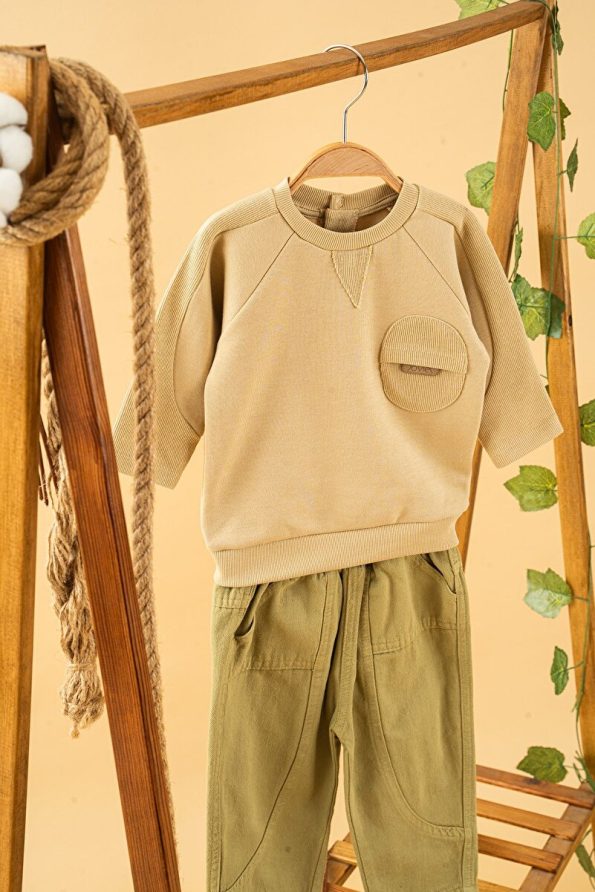 Trendy Baby and Kids Haki Sweatshirt and Pants Set