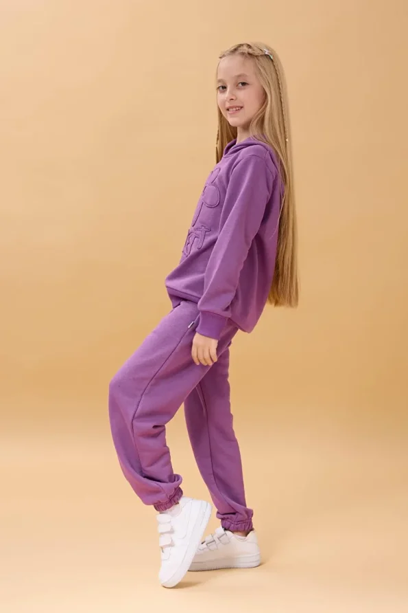 Perendi Girls' Hooded Floral Appliqué Seasonal Set - Purple