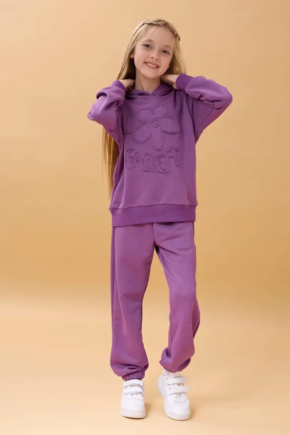 Perendi Girls' Hooded Floral Appliqué Seasonal Set - Purple