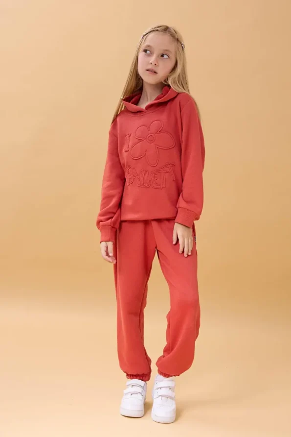 Perendi Girls' Hooded Floral Appliqué Seasonal Outfit - Terracotta