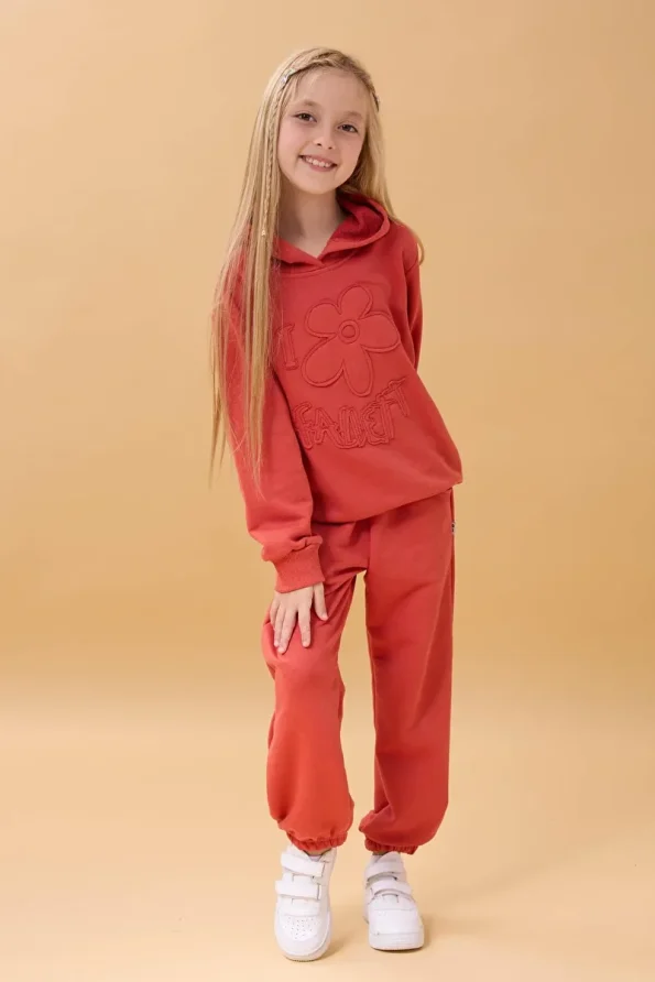 Perendi Girls' Hooded Floral Appliqué Seasonal Outfit - Terracotta