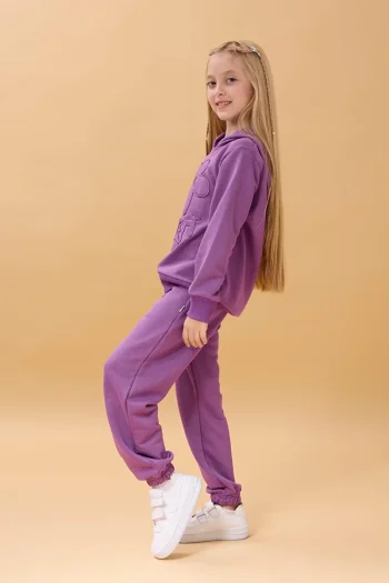 Perendi Girls' Hooded Floral Appliqué Two-Piece Set - Purple