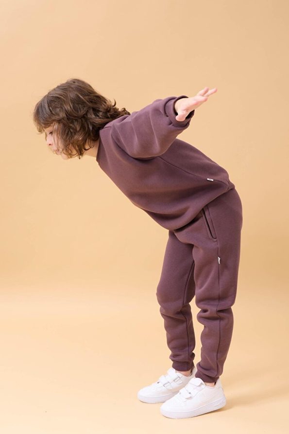 Perendi Boys' Winter Sweatshirt Set with Round Neck - Eggplant Color