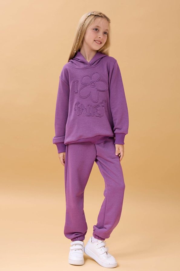 Perendi Girls' Hooded Floral Appliqué Seasonal Set - Purple