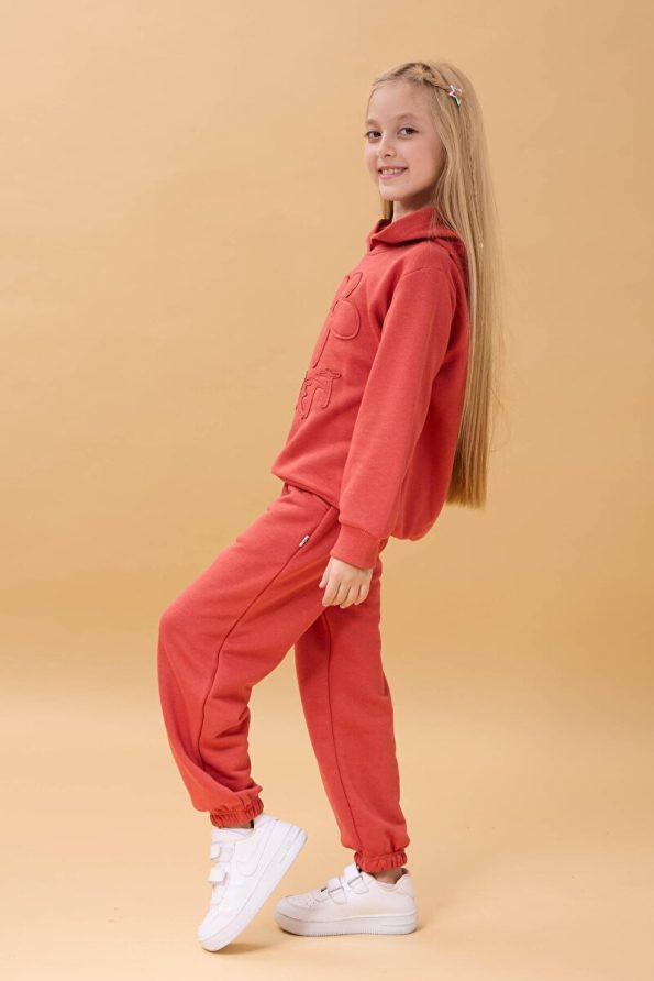Perendi Girls' Hooded Floral Appliqué Seasonal Outfit - Terracotta